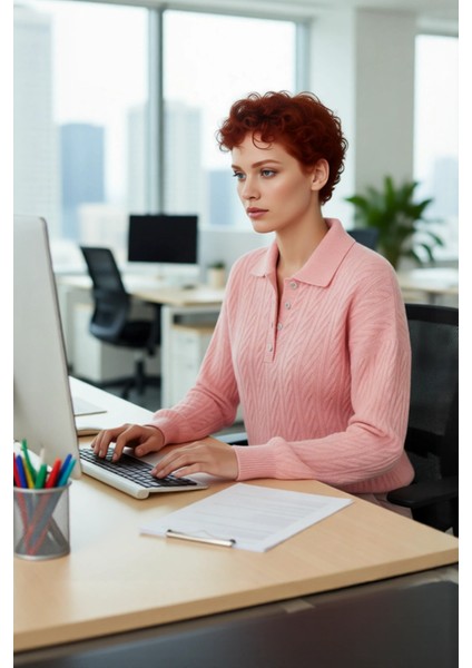 Kadın Oversize Triko Polo Yaka Saç Örgü Düşük Kollu Rahat Kışlık Basic Stil Kazak Kaliteli fırsatları