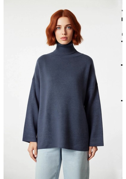 Kadınlara Özel Oversize Kesim Düz Desen Balıkçı Yaka Uzun Kollu Triko Kazak Kış Modası Kaliteli