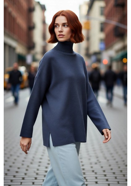 Kadınlara Özel Oversize Kesim Düz Desen Balıkçı Yaka Uzun Kollu Triko Kazak Kış Modası Kaliteli modelleri