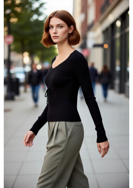 Kadın Triko Fitted Havuz Yaka Ince Dokulu Crop Model Uzun Kollu Şık Ilkbahar Sonbahar Kazak modelleri