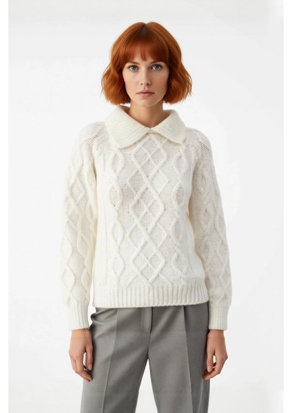 Kadınlar Için Ekru Casual Gömlek Yaka Saç Örgü Desenli Regular Triko Kazak Sonbahar Kış Kaliteli