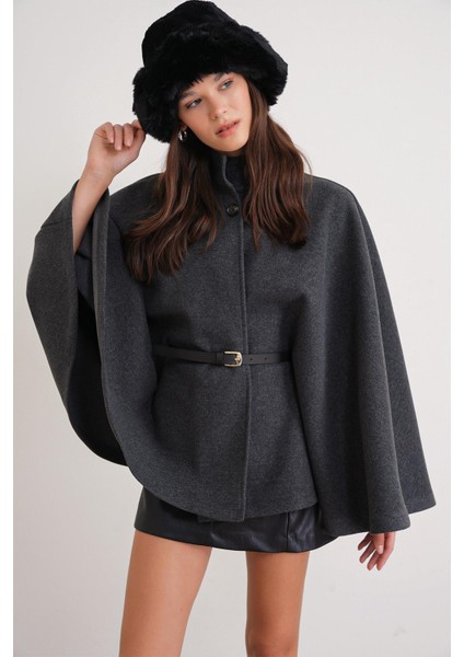 4768 Kadın Kemerli Panço Premium Kaşe Ceket Antrasit