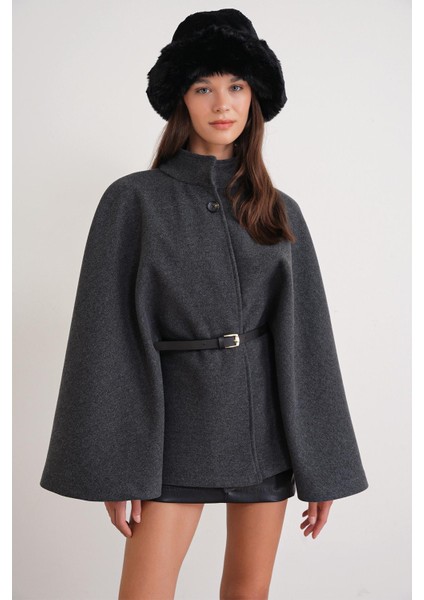 4768 Kadın Kemerli Panço Premium Kaşe Ceket Antrasit modelleri