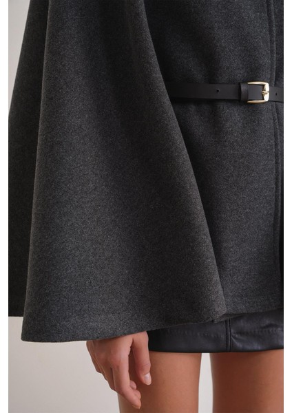 4768 Kadın Kemerli Panço Premium Kaşe Ceket Antrasit