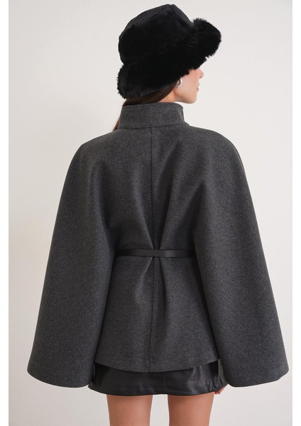 4768 Kadın Kemerli Panço Premium Kaşe Ceket Antrasit