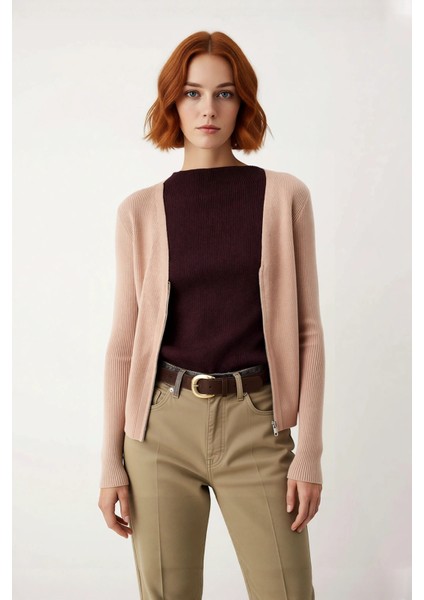 Kadın Dik Yaka Renk Bloklu Fitilli Triko Kazak Fitted Kalıp Uzun Kollu Kış Sezonu Basic Kaliteli