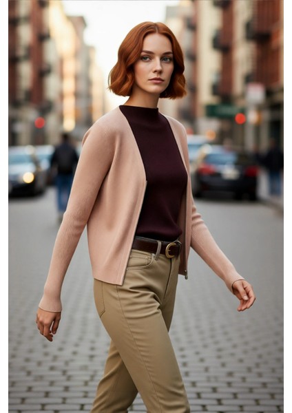 Kadın Dik Yaka Renk Bloklu Fitilli Triko Kazak Fitted Kalıp Uzun Kollu Kış Sezonu Basic Kaliteli modelleri