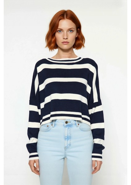 Kadın Basic Çizgili Oversize Triko Crop Kazak Düşük Kol Rahat Kesim Şık Görünüm Kaliteli