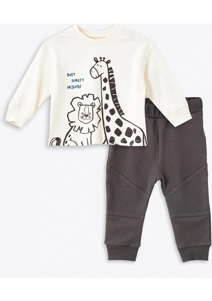 Lcw Baby Bej Bisiklet Yaka Uzun Kollu Baskılı Erkek Bebek Tişört ve Eşofman Alt 2'li Takım