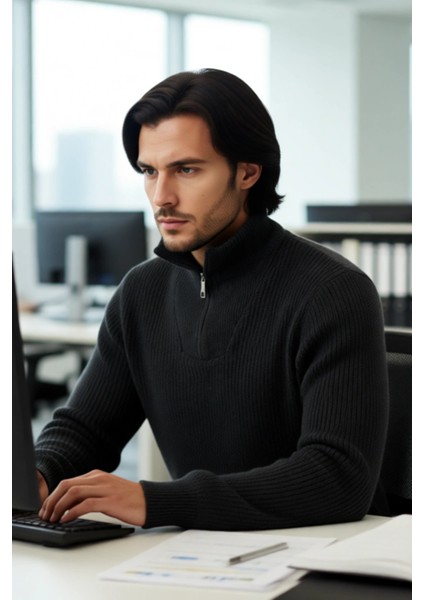 Erkek Casual Giyim Için Ideal Regular Fit Düz Desen Fermuarlı Balıkçı Yaka Kalın Triko Kazak