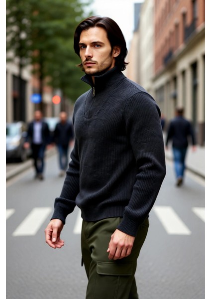 Erkek Casual Giyim Için Ideal Regular Fit Düz Desen Fermuarlı Balıkçı Yaka Kalın Triko Kazak fırsatları