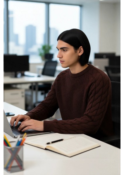 Unisex Basic Regular Kalıp Bisiklet Yaka Saç Örgü Desenli Kalın Triko Kazak Kışlık Şıklık Kaliteli