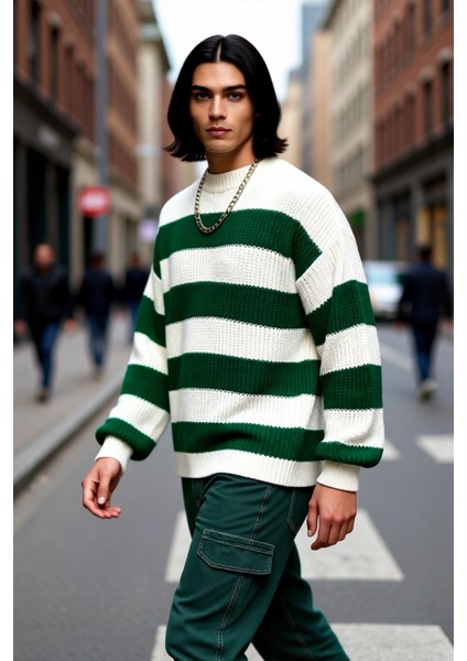 Erkek Günlük Kullanım Için Şık Çizgili Bisiklet Yaka Akrilik Uzun Kollu Oversize Triko Kazak fırsatları