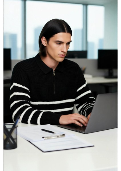 Erkek Polo Yaka Oversize Kalıp Triko Çizgili Kazak Lacivert Renk Kalın Selanik Dokuma Kışlık Giysi