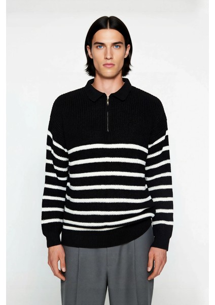 Erkek Polo Yaka Oversize Kalıp Triko Çizgili Kazak Lacivert Renk Kalın Selanik Dokuma Kışlık Giysi fiyatları