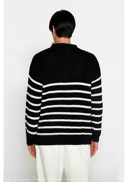 Erkek Polo Yaka Oversize Kalıp Triko Çizgili Kazak Lacivert Renk Kalın Selanik Dokuma Kışlık Giysi modelleri