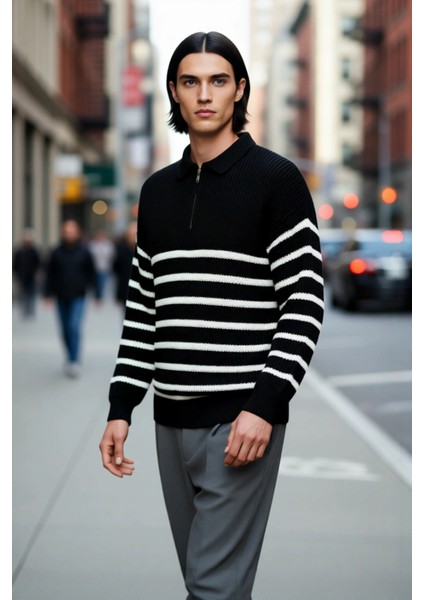 Erkek Polo Yaka Oversize Kalıp Triko Çizgili Kazak Lacivert Renk Kalın Selanik Dokuma Kışlık Giysi fırsatları