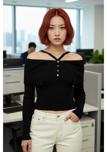 Kadın Zarif Carmen Yaka Askılı Tasarım Fitted Triko Kazak Düz Desenli Uzun Kollu Çok Yönlü Kombin