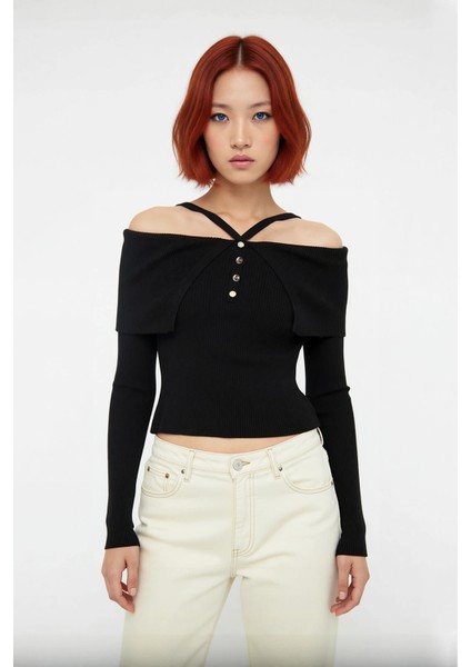 Kadın Zarif Carmen Yaka Askılı Tasarım Fitted Triko Kazak Düz Desenli Uzun Kollu Çok Yönlü Kombin fiyatları