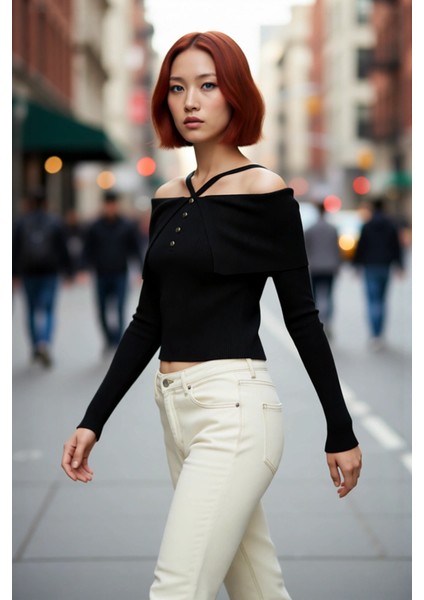 Kadın Zarif Carmen Yaka Askılı Tasarım Fitted Triko Kazak Düz Desenli Uzun Kollu Çok Yönlü Kombin fırsatları