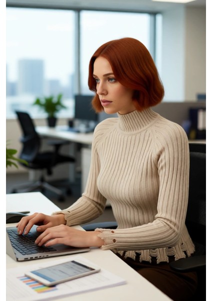 Kadın Şık Fitted Crop Uzun Reglan Kollu Dik Yaka Fitilli Triko Kazak Kış Günleri Için Ideal Model