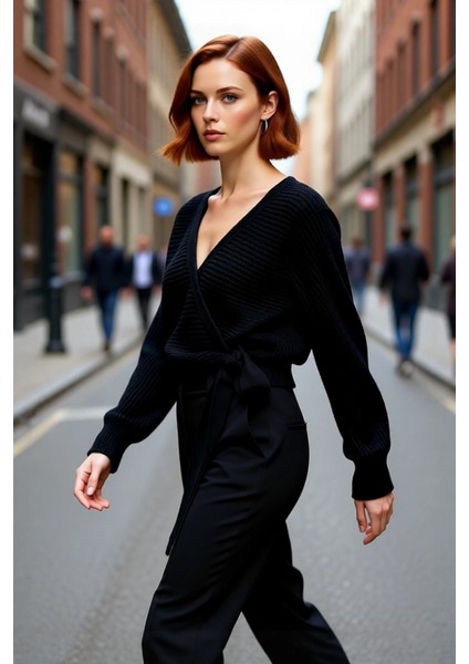 Kadın Kruvaze V Yaka Crop Triko Kazak Regular Kalıp Uzun Kol Fitilli Dokuma Günlük Şıklık Kaliteli modelleri