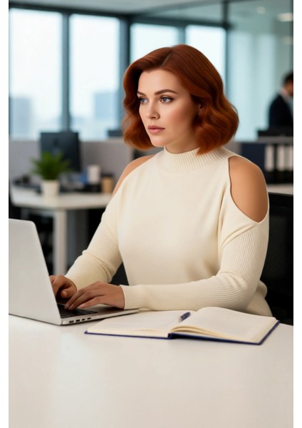 Kadın Rahat Relaxed Kalıp Dik Yaka Düşük Kollu Omzu Açık Detaylı Trend Akrilik Triko Kazak