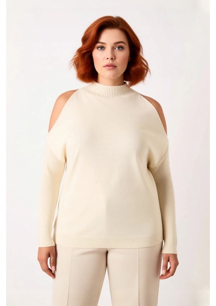 Kadın Rahat Relaxed Kalıp Dik Yaka Düşük Kollu Omzu Açık Detaylı Trend Akrilik Triko Kazak fiyatları