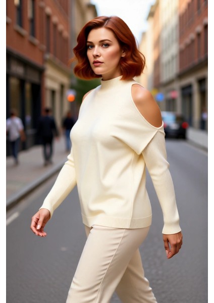 Kadın Rahat Relaxed Kalıp Dik Yaka Düşük Kollu Omzu Açık Detaylı Trend Akrilik Triko Kazak fırsatları