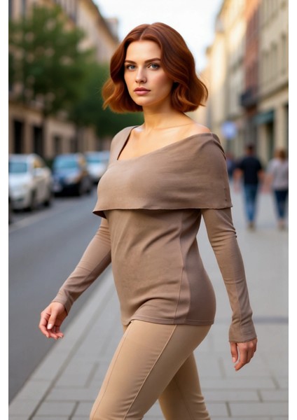 Şık Kadın Asimetrik Yaka Uzun Kollu Triko Kazak Modern Tasarımıyla Her Anınıza Zarafet Katıyor fırsatları