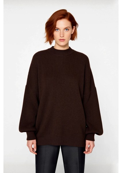 Kadın Oversize Basic Uzun Balon Kol Selanik Dokuma Triko Kazak 100% Akrilik Soğuk Havalar Kaliteli