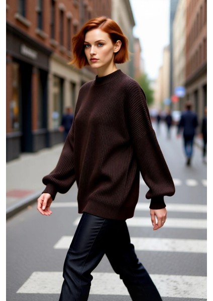 Kadın Oversize Basic Uzun Balon Kol Selanik Dokuma Triko Kazak 100% Akrilik Soğuk Havalar Kaliteli modelleri