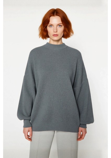 Kadın Oversize Basic Uzun Balon Kol Selanik Dokuma Triko Kazak 100% Akrilik Soğuk Havalar Kaliteli