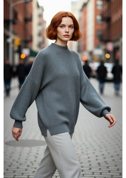 Kadın Oversize Basic Uzun Balon Kol Selanik Dokuma Triko Kazak 100% Akrilik Soğuk Havalar Kaliteli modelleri