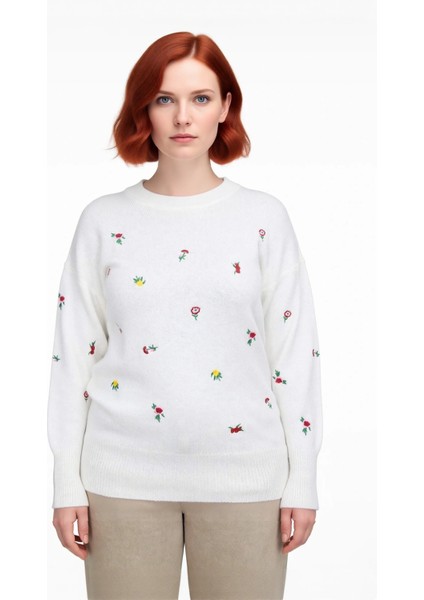 Kadınlar Için Konforlu Bisiklet Yaka Çiçekli Triko Kazak Regular Kalıp Uzun Kollu Kışlık Şıklık