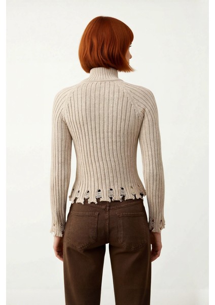 Kadın Şık Fitted Crop Uzun Reglan Kollu Dik Yaka Fitilli Triko Kazak Kış Günleri Için Ideal Model modelleri