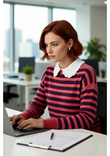 Kadın Günlük Triko Kazak Çıkarılabilir Yaka Detayıyla Renk Bloklu Kalın Düşük Kollu Kışlık Şıklık