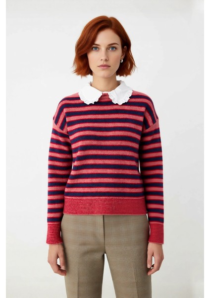 Kadın Günlük Triko Kazak Çıkarılabilir Yaka Detayıyla Renk Bloklu Kalın Düşük Kollu Kışlık Şıklık fiyatları