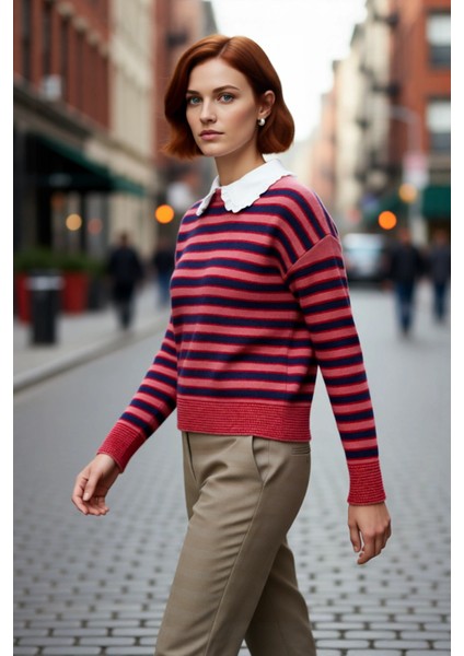 Kadın Günlük Triko Kazak Çıkarılabilir Yaka Detayıyla Renk Bloklu Kalın Düşük Kollu Kışlık Şıklık fırsatları