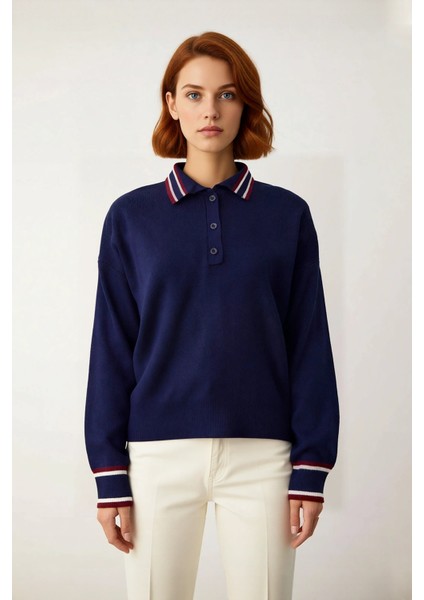 Kadın Lacivert Renk Bloklu Polo Yaka Oversize Triko Kazak Günlük Stil Için Ideal Düşük Kol Tasarım fiyatları