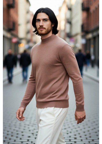 Modern Erkek Triko Kazak Fitted Kesim Dik Yaka Uzun Kollu Rahat Pamuklu Karışım Basic Stil Kış ve modelleri