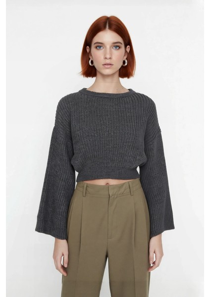 Kadın Gri Oversize Selanik Dokuma Bisiklet Yaka Ispanyol Kol Crop Akrilik Triko Kazak Kaliteli fiyatları