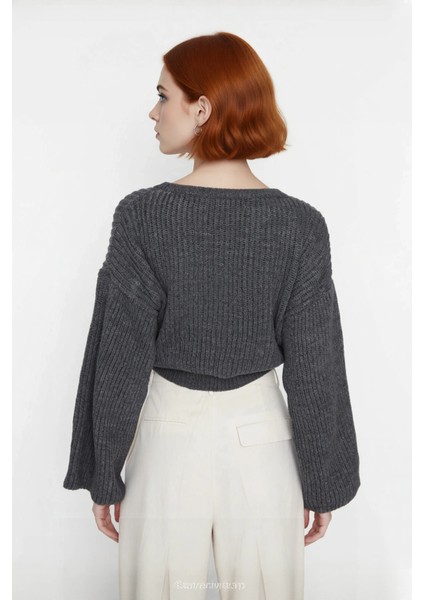 Kadın Gri Oversize Selanik Dokuma Bisiklet Yaka Ispanyol Kol Crop Akrilik Triko Kazak Kaliteli modelleri