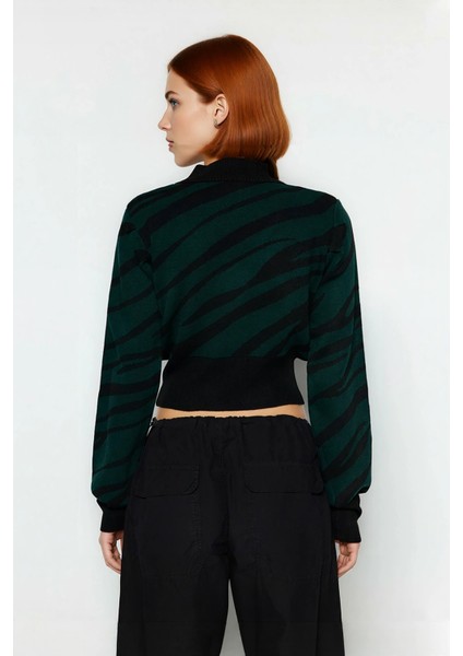 Kadın Basic Regular Kalıp Zebra Desenli Dik Yaka Crop Triko Kazak Günlük Giyimde Iddialı Kaliteli modelleri