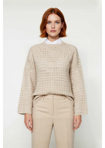 Kadınlar Için Ajurlu Bisiklet Yaka Regular Kalıp Uzun Kollu Triko Kazak Modelimiz Kaliteli