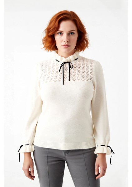 Kadın Casual Akrilik Triko Kazak Ajurlu Desen Dik Yaka Kurdele Detaylı Düşük Kol Kışlık Model fiyatları