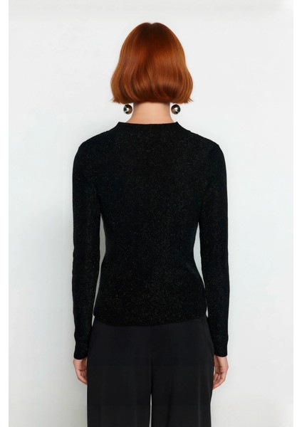 Kadın Fashion Forward Regular Kalıp Siyah Simli Triko Kazak Uzun Kollu V Yaka Modern Stil Sunar fiyatları