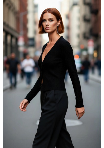 Kadın Fashion Forward Regular Kalıp Siyah Simli Triko Kazak Uzun Kollu V Yaka Modern Stil Sunar modelleri