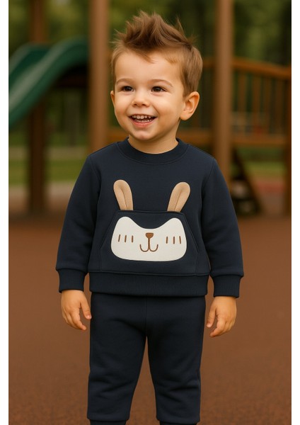 Erkek Çocuk Kışlık Eşofman Takımı Kulaklı Tavşan Desenli Sweatshirt Alt Pamuklu Üç Iplik Şardonlu Günlük Kombin 1-2-3-4 Yaş