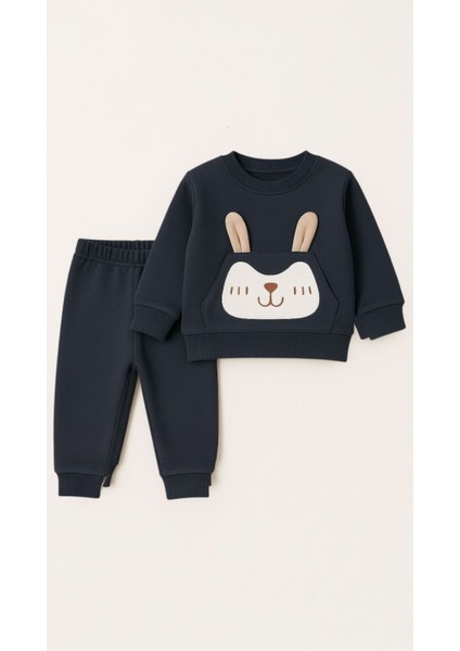 Erkek Çocuk Kışlık Eşofman Takımı Kulaklı Tavşan Desenli Sweatshirt Alt Pamuklu Üç Iplik Şardonlu Günlük Kombin 1-2-3-4 Yaş fiyatları